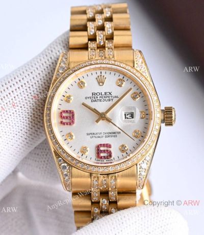 Swiss Copy Rolex Datejust Ruby and Diamond Dial Yellow Gold Lady Watch